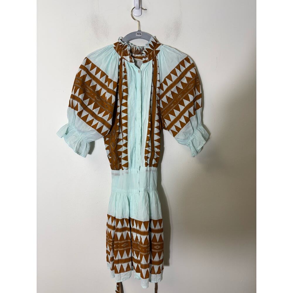 Light Blue and Brown Mini Dress with Geometric Print